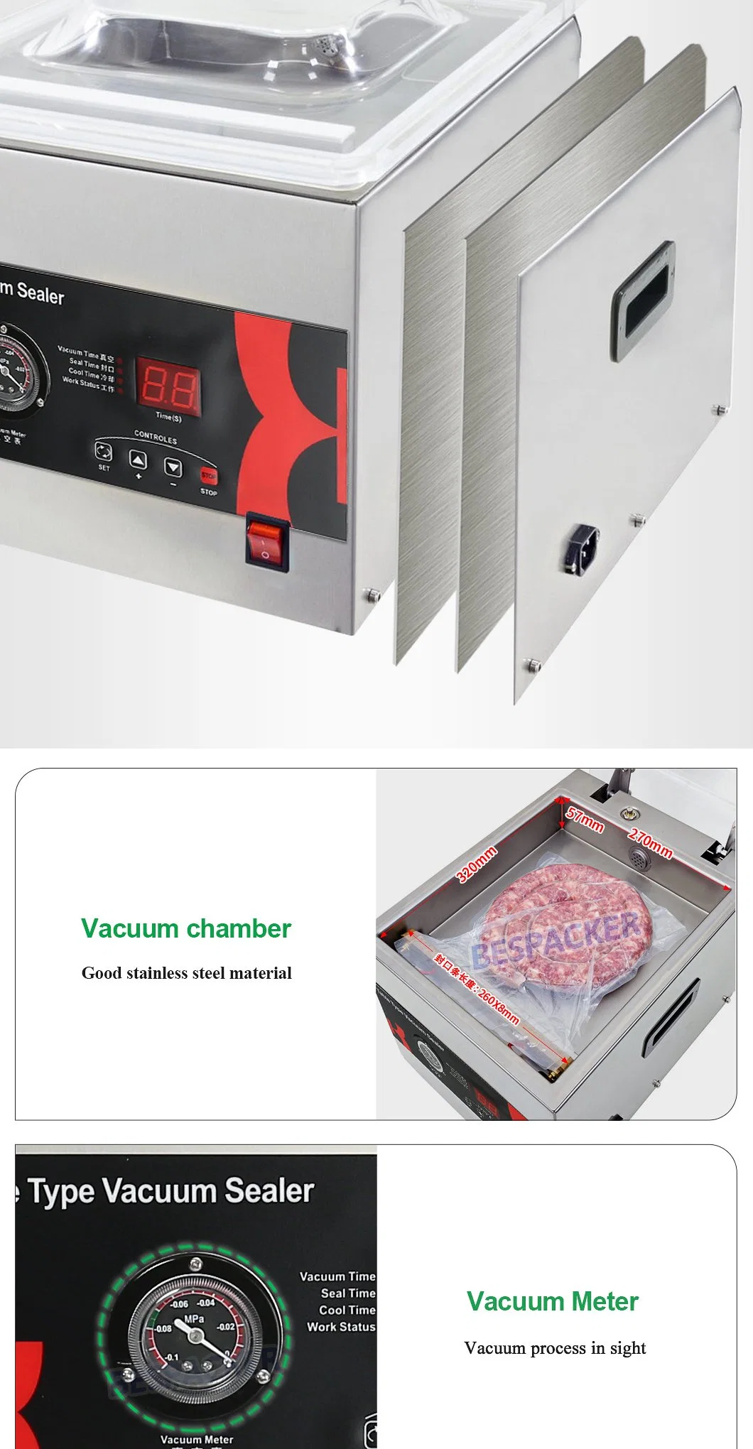 Bespacker DZ-260C automatic table top economy food hamber vacuum sealer machine vacuum sealing packaging packing machine